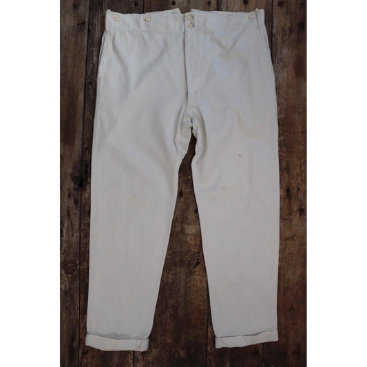 Vintage 1920s French white cotton trousers - 1930s buckle back pants - 42” x 31”