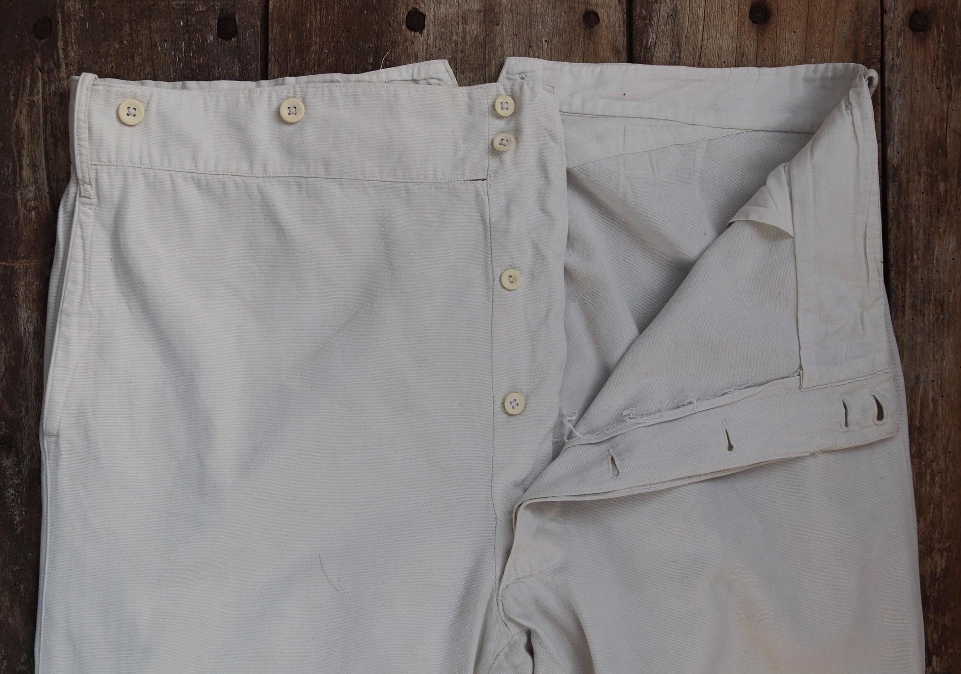 Vintage 1920s 30s French white cotton trousers - buckle back pants - 42” x 31”