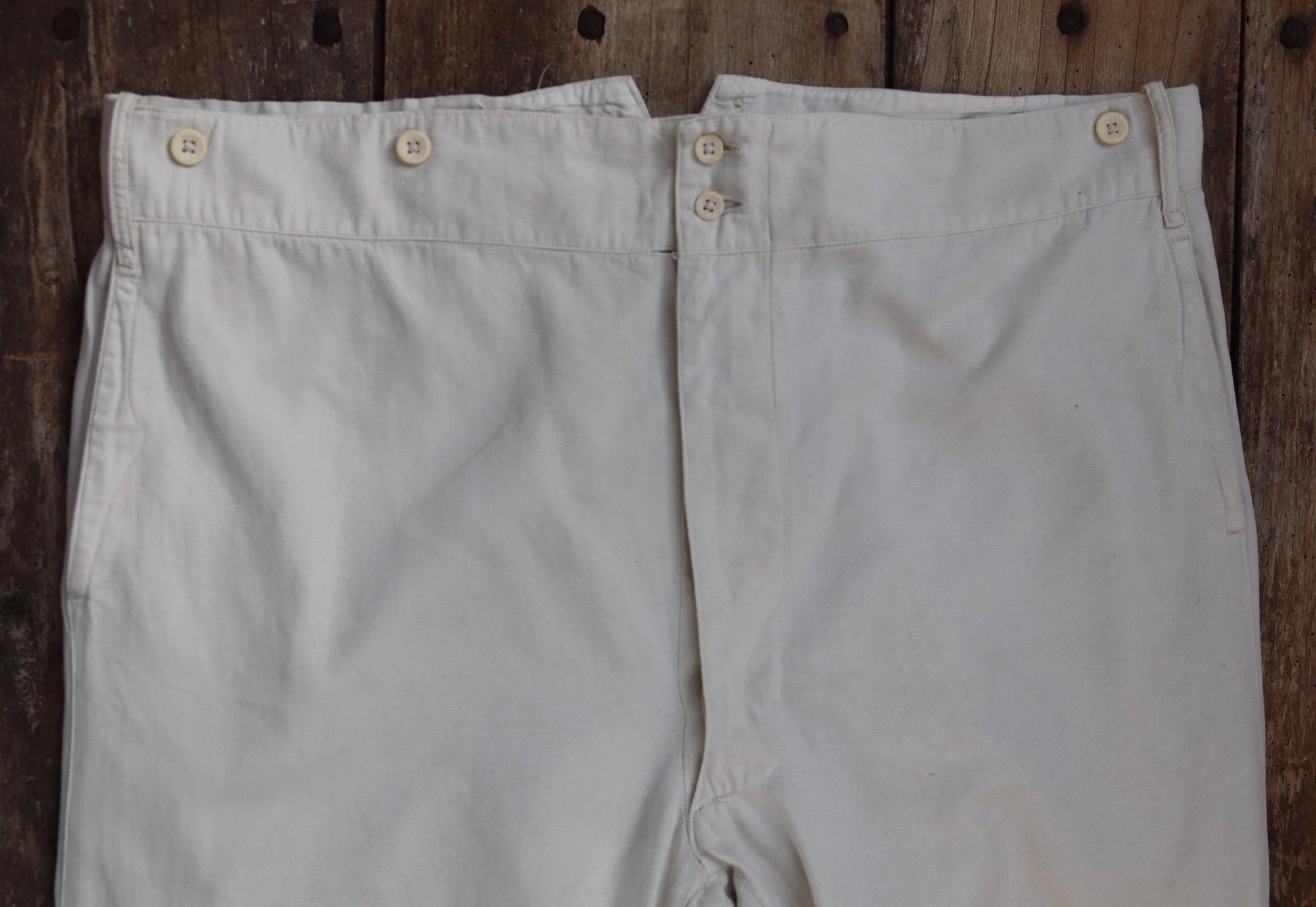 Vintage 1920s 30s French white cotton trousers - buckle back pants - 42” x 31”