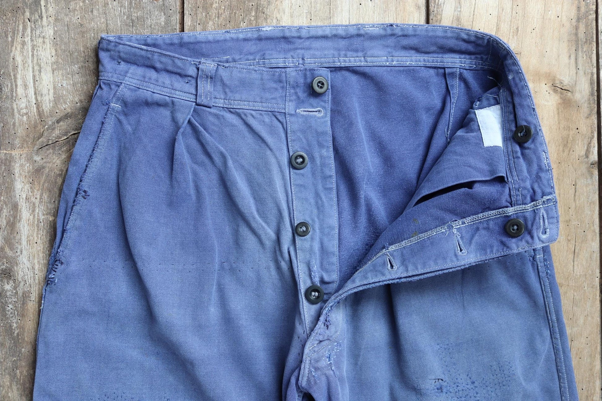 Vintage French workwear trousers - hand darned and repaired - blue cotton twill pants - 1960s chore - 30” x 25”