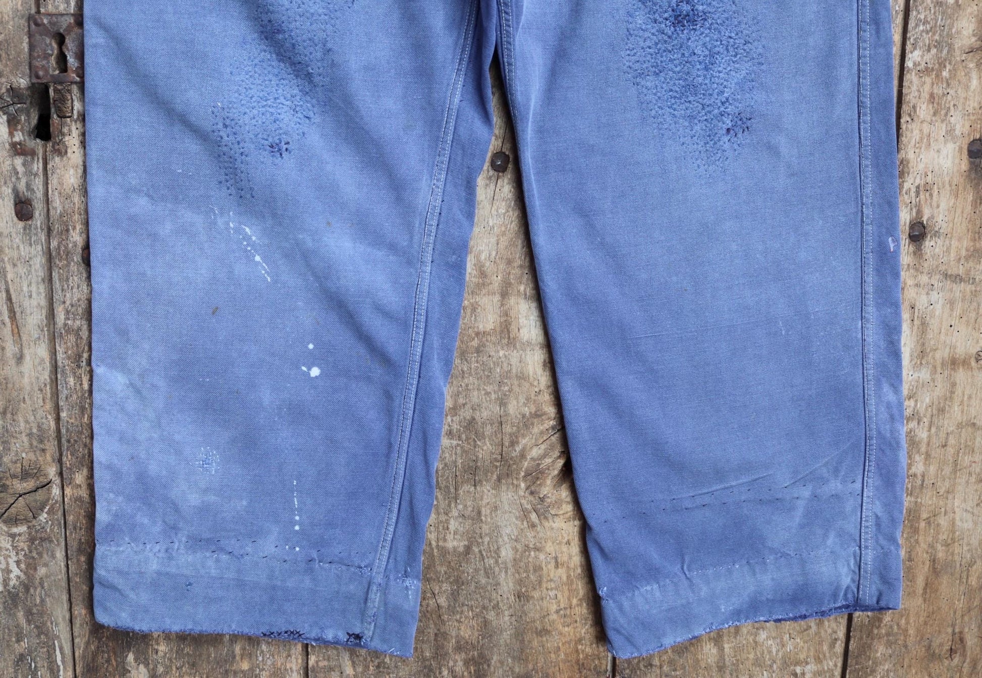 Vintage French workwear trousers - hand darned and repaired - blue cotton twill pants - 1960s chore - 30” x 25”