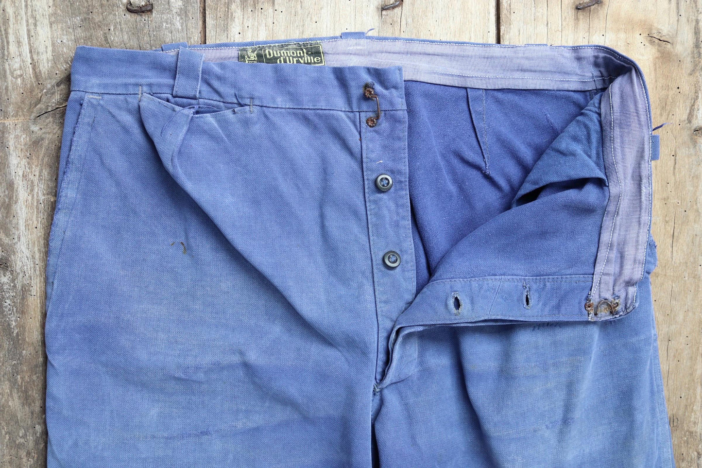 Vintage French workwear trousers - 1960s chore pants - darned and repaired - blue cotton twill - 36” x 26”