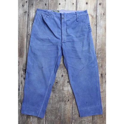 Vintage French workwear trousers - 1960s chore pants - darned and repaired - blue cotton twill - 36” x 26”