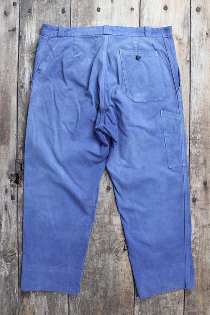 Vintage French workwear trousers - 1960s chore pants - darned and repaired - blue cotton twill - 36” x 26”