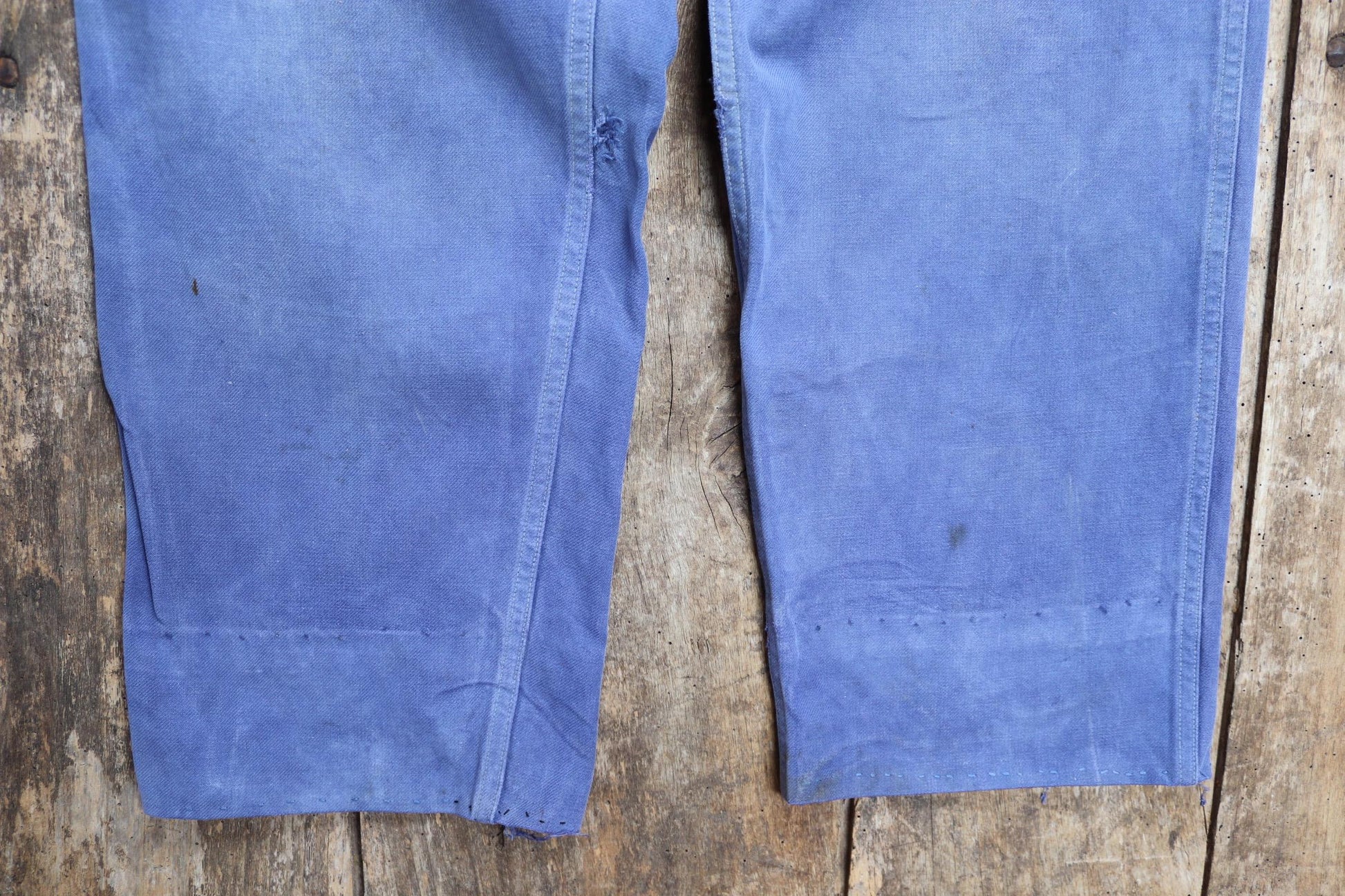 Vintage French workwear trousers - 1960s chore pants - darned and repaired - blue cotton twill - 36” x 26”