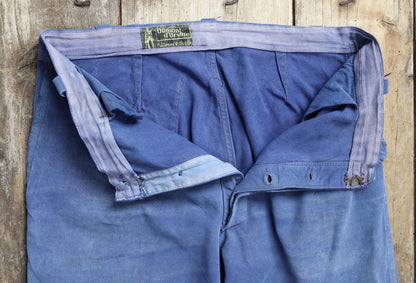 Vintage French workwear trousers - 1960s chore pants - darned and repaired - blue cotton twill - 36” x 26”
