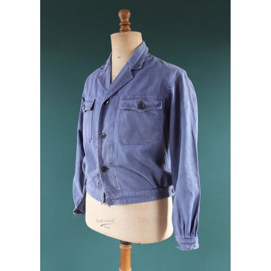Vintage French blue cyclist jacket - 1950s workwear - cropped chore coat - faded cotton twill - 44” chest - bleu de travail