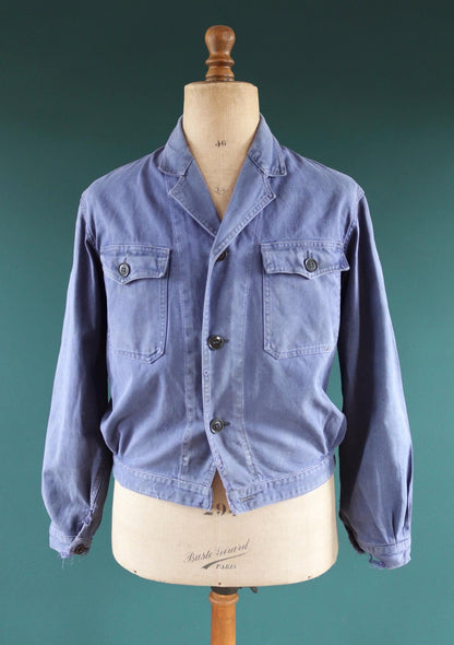 Vintage French blue cyclist jacket - 1950s workwear - cropped chore coat - faded cotton twill - 44” chest - bleu de travail