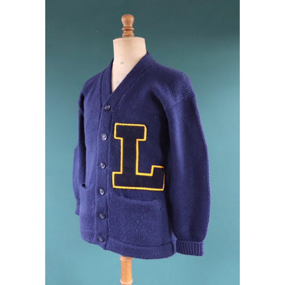 Vintage wool varsity sweater - blue cardigan - Ivy style - 1960s knitwear - chenille patch - 39” chest