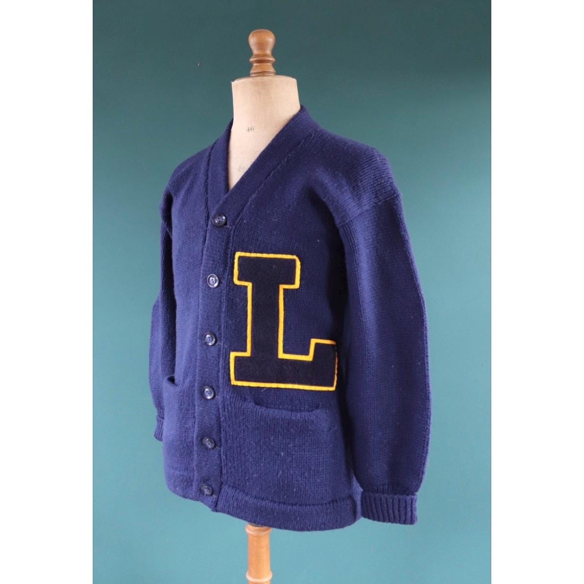 Vintage wool varsity sweater - blue cardigan - Ivy style - 1960s knitwear - chenille patch - 39” chest