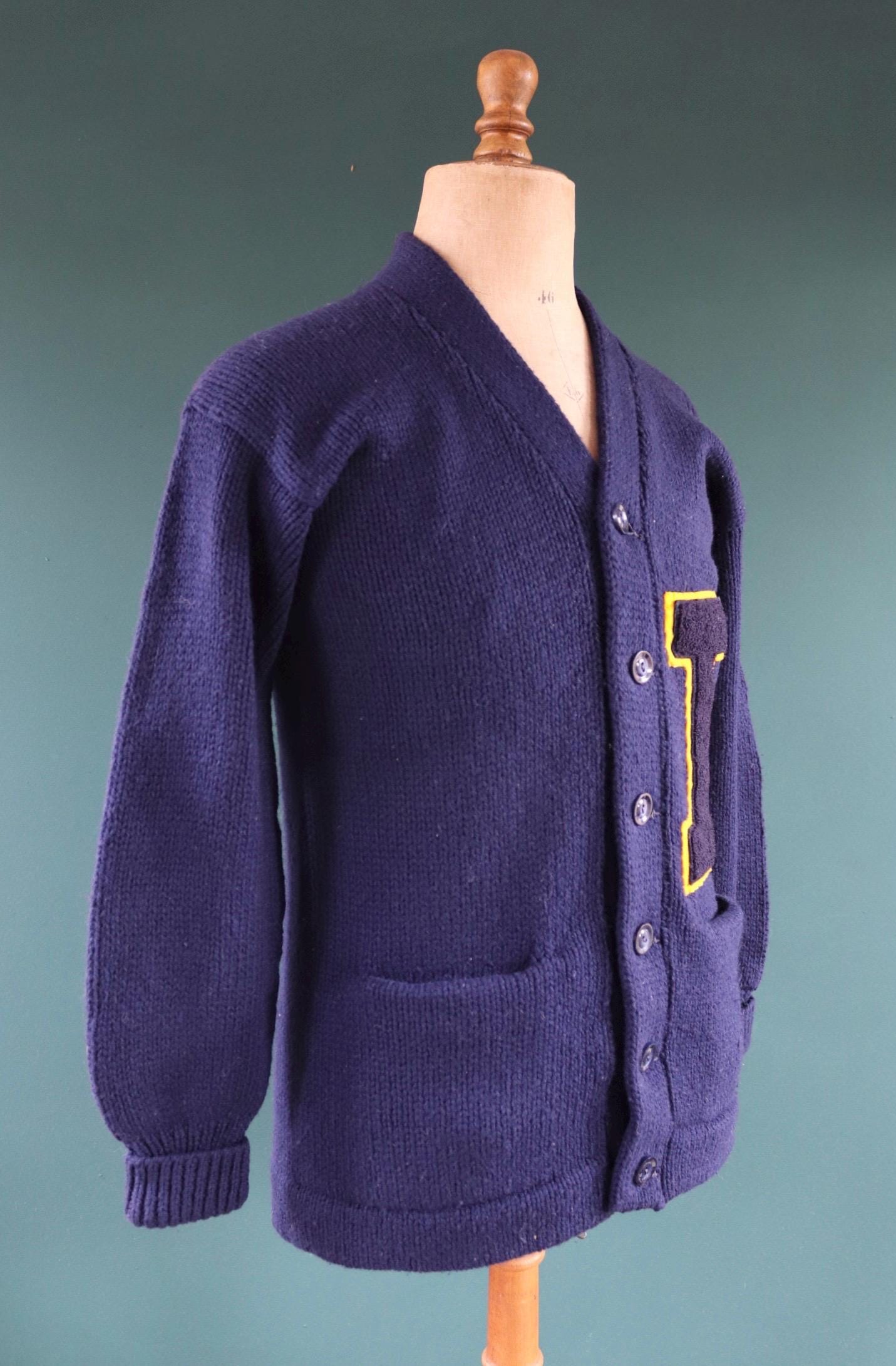 Vintage wool varsity sweater - blue cardigan - Ivy style - 1960s knitwear - chenille patch - 39” chest