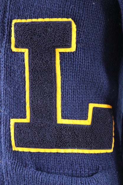 Vintage wool varsity sweater - blue cardigan - Ivy style - 1960s knitwear - chenille patch - 39” chest