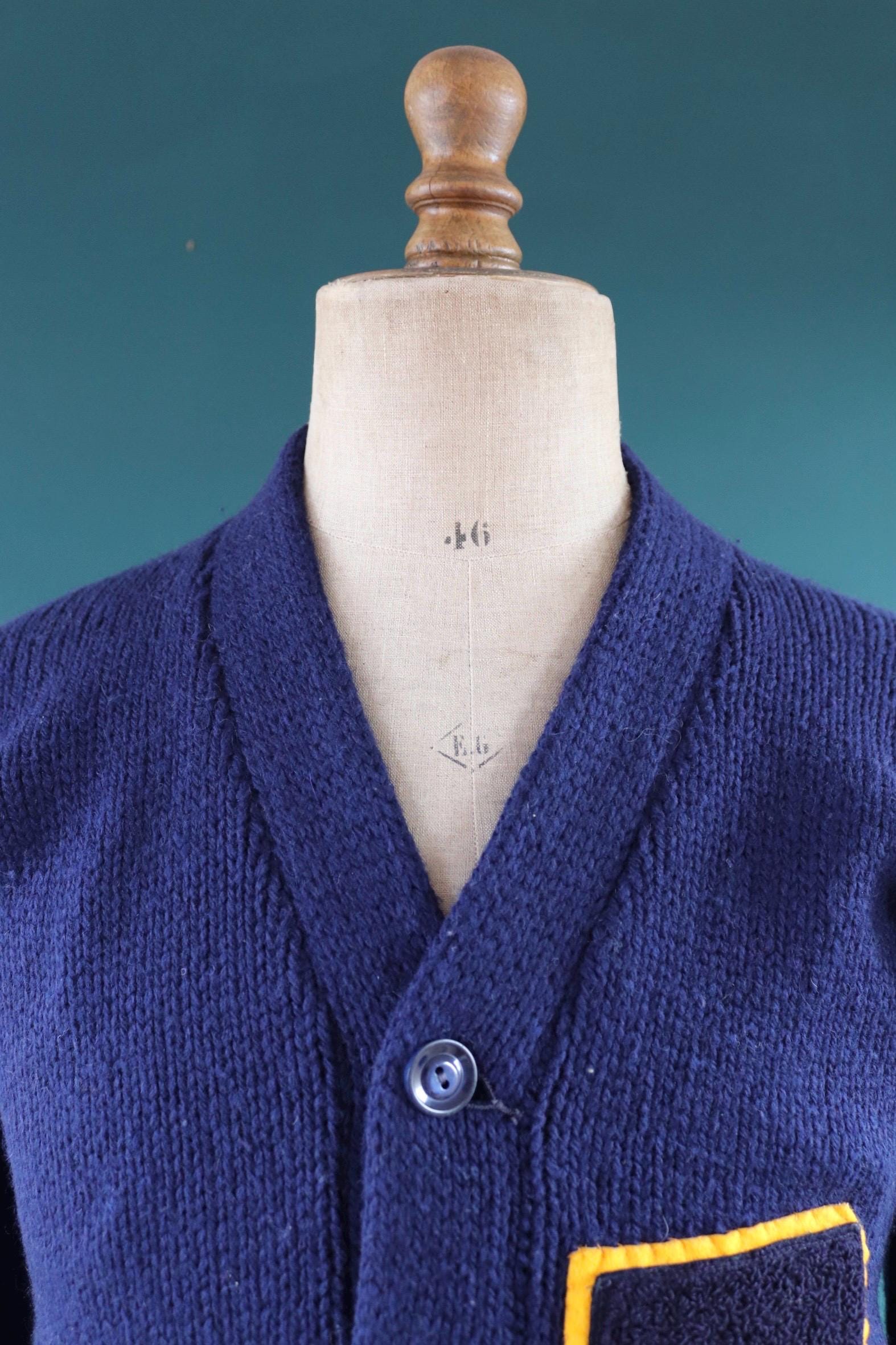 Vintage wool varsity sweater - blue cardigan - Ivy style - 1960s knitwear - chenille patch - 39” chest