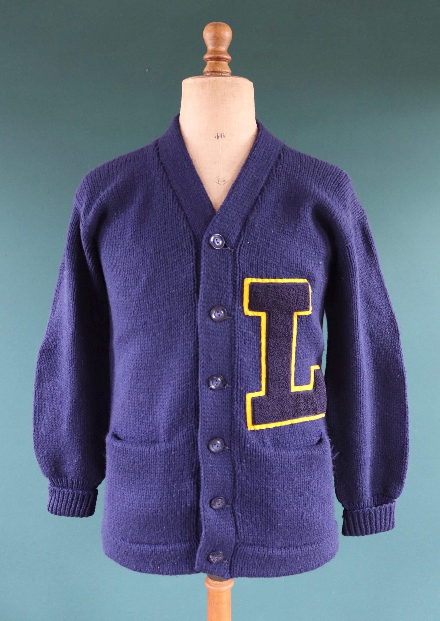 Vintage wool varsity sweater - blue cardigan - Ivy style - 1960s knitwear - chenille patch - 39” chest