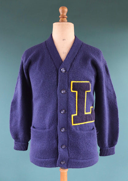 Vintage wool varsity sweater - blue cardigan - Ivy style - 1960s knitwear - chenille patch - 39” chest