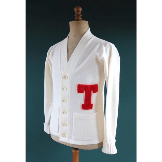 Vintage 1960s acrylic varsity sweater - Ivy League style - white cardigan - knitwear - 38” chest