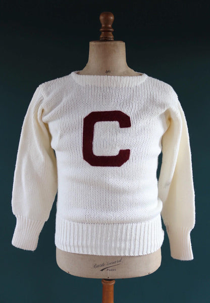 Vintage 1960s varsity sweater - white knitted jumper - Ivy League style - 38” chest
