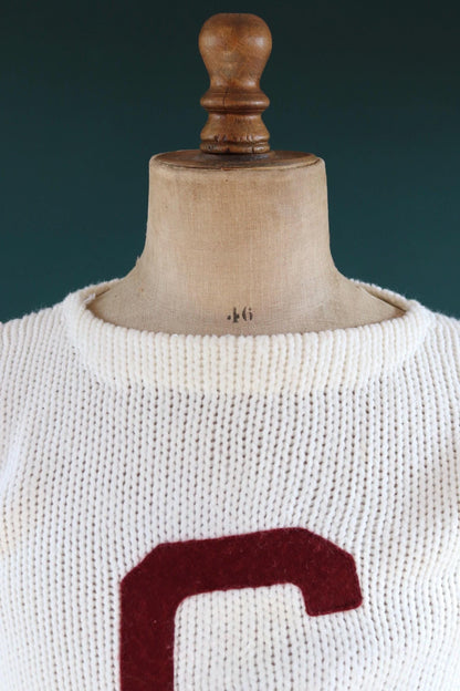 Vintage 1960s varsity sweater - white knitted jumper - Ivy League style - 38” chest