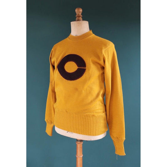 Vintage 1960s mustard wool sweater - gold varsity knit - Ivy League style - chenille patch - 40” chest