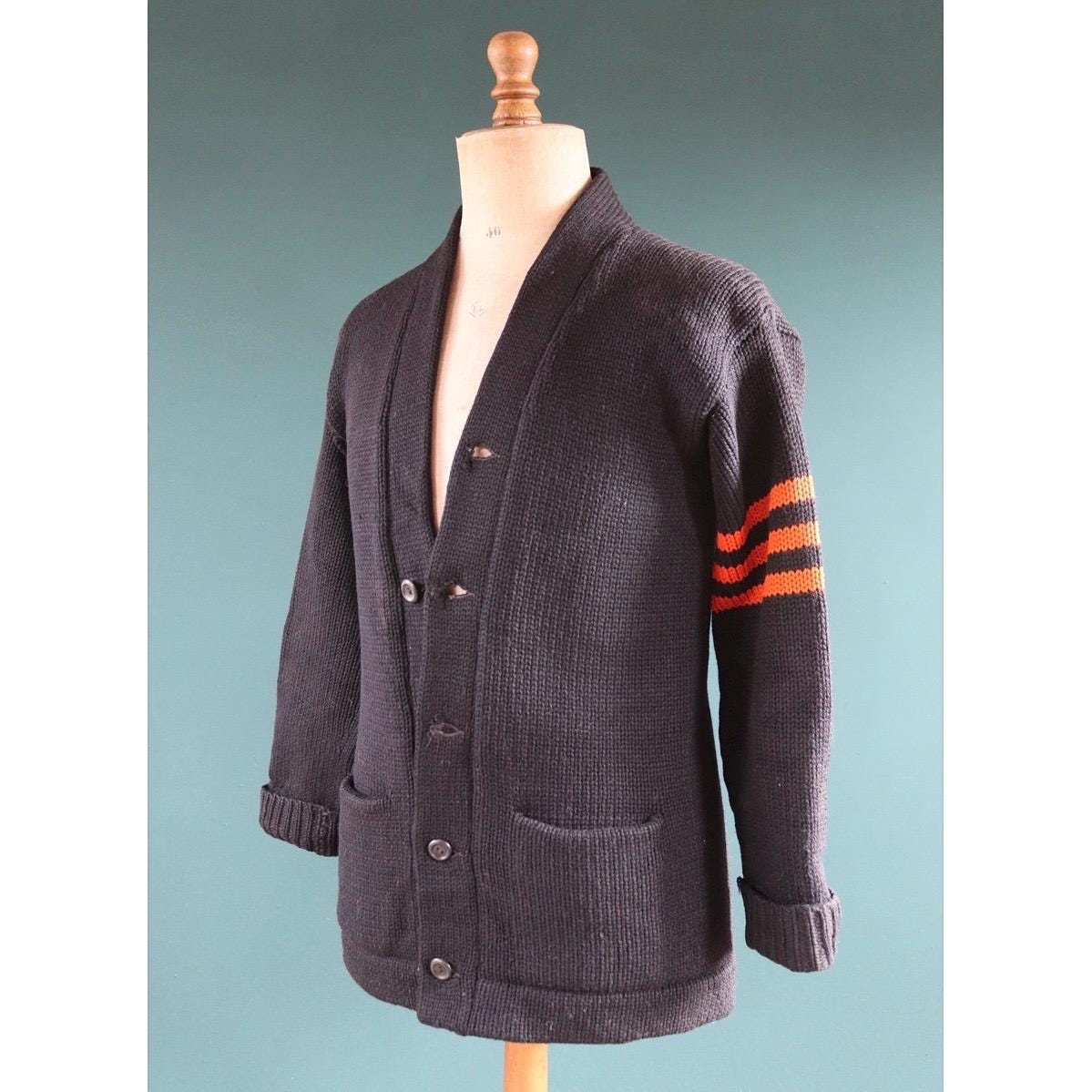 Vintage Princeton sweater - 1940s varsity knit - black wool cardigan - 38” chest