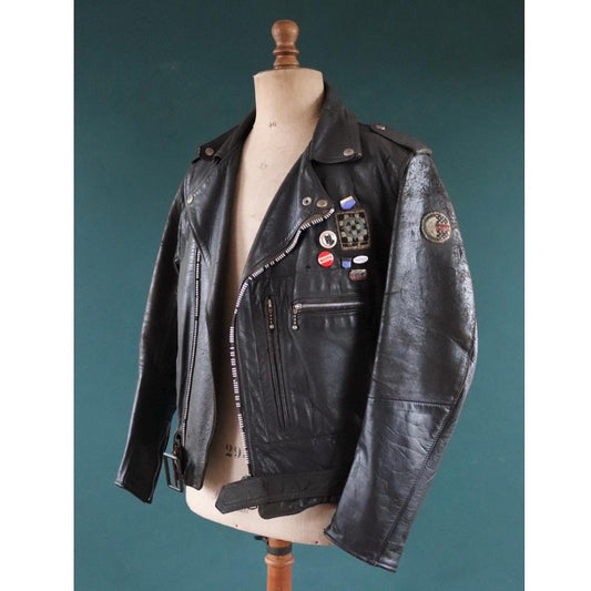 Vintage 1960s Lewis Leathers black leather jacket - Aviakit biker - 45” chest - ball and chain Lightning zipper- BSA patches