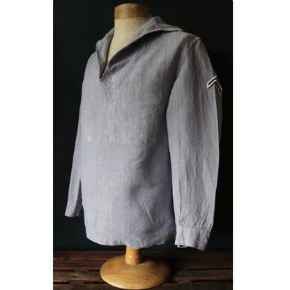 Vintage French linen shirt - 1960s Marine Nationale - Navy sailor - naval crackerjack bib top - military workwear - 42” chest - workwear