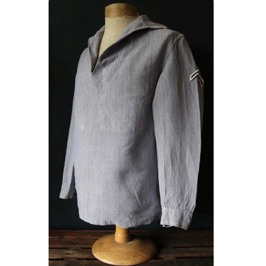 Vintage French linen shirt - 1960s Marine Nationale - Navy sailor - naval crackerjack bib top - military workwear - 42” chest - workwear
