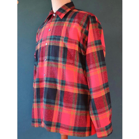 Vintage 1960s 70s plaid workwear shirt - red green check wool - hiking camping - 48” chest - logger