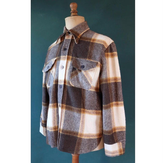Vintage 1970s plaid workwear shirt - cream brown checked - hiking camping CPO - thick wool - 48” chest - logger