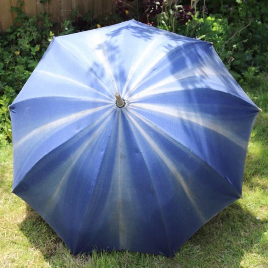 Vintage French indigo parasol for garden and patio - sun faded workwear - 1920s 30s umbrella - shepherd