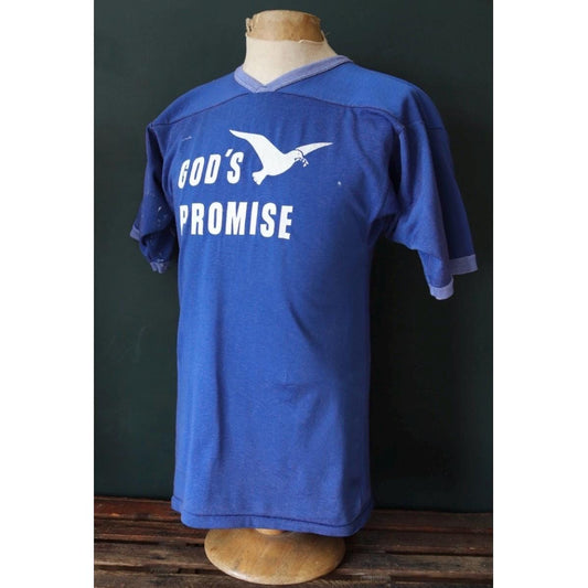 Vintage 1970s 80s durene t shirt - Gods Promise - blue nylon sportswear - football ringer - 36” chest