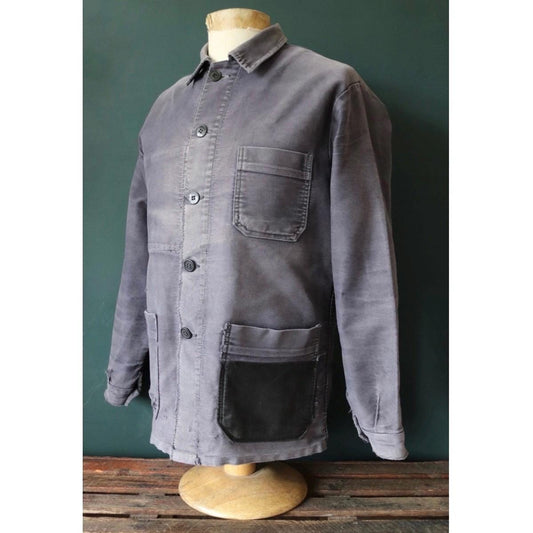 Vintage French black moleskin chore jacket - 1950s darned workwear - faded repaired patched - 43” chest