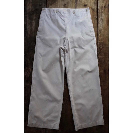 Vintage French white cotton naval trousers - 1950s 60s fall front wide leg pants - Marine Nationale - 31” x 28” - riviera beach