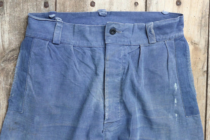Vintage French workwear trousers - 1930s chore pants - sun faded blue cotton - 34” x 27”