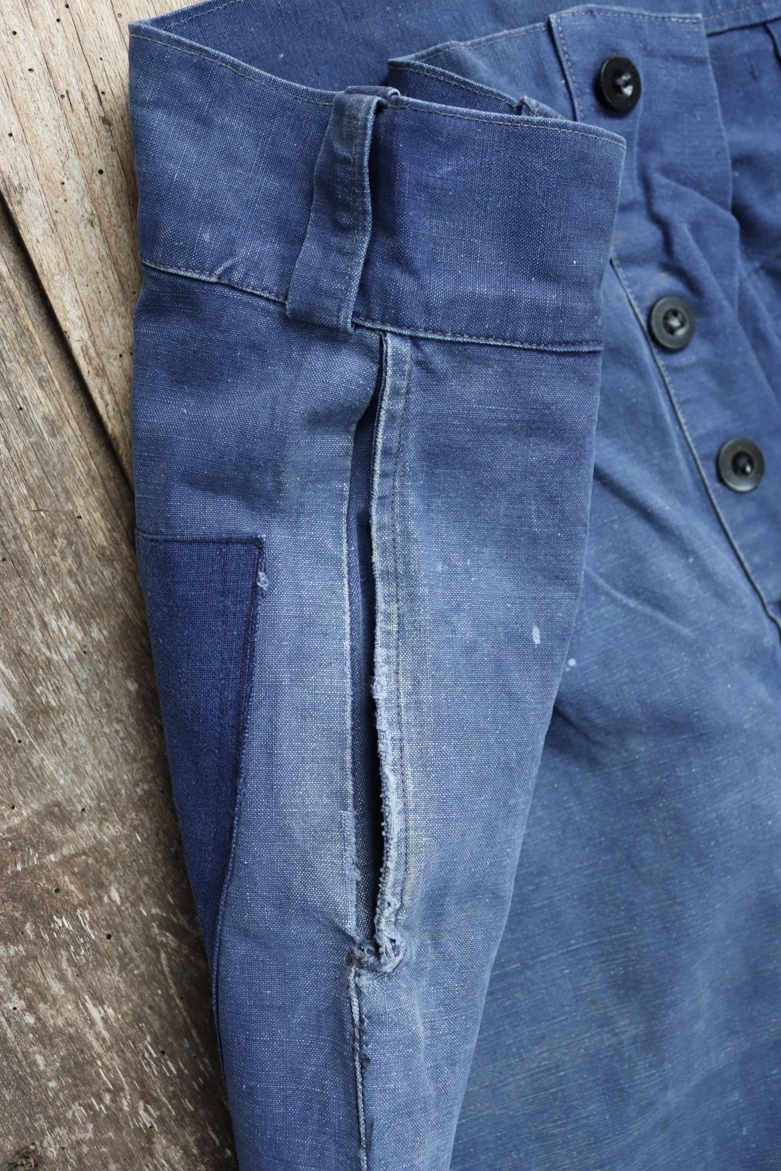 Vintage French workwear trousers - 1930s chore pants - sun faded blue cotton - 34” x 27”