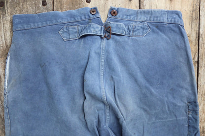 Vintage 1930s French workwear trousers - Le Mont St Michel chore pants - blue cotton twill - buckle back - 38” x 27”