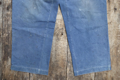 Vintage 1930s French workwear trousers - Le Mont St Michel chore pants - blue cotton twill - buckle back - 38” x 27”