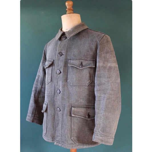 Vintage French hunting jacket - 1950s workwear - grey taupe velours cotele corduroy - 45” chest - venery buttons