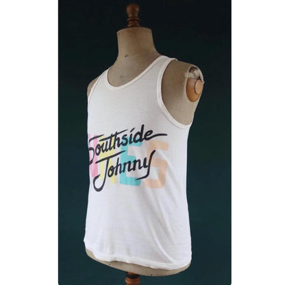 Vintage 1980s 1990s t shirt - neon and white vest - Southside Johnny print - cotton sportswear singlet - 38” chest