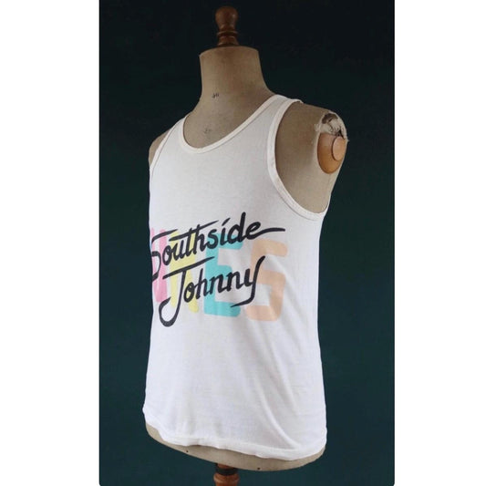 Vintage 1980s 1990s t shirt - neon and white vest - Southside Johnny print - cotton sportswear singlet - 38” chest