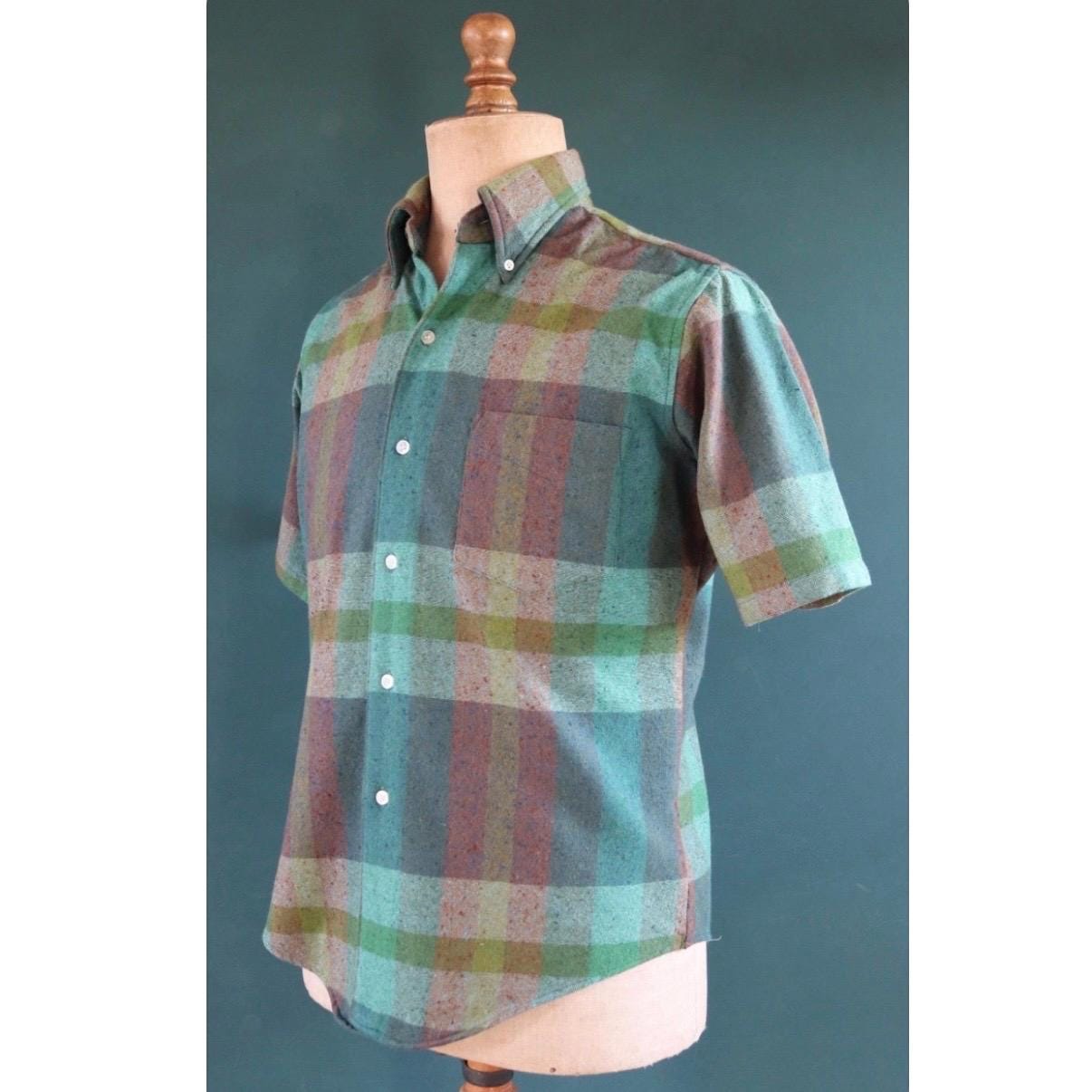 Vintage 1970s short sleeve shirt - Ivy style - green teal blue - windowpane check - 44" Chest