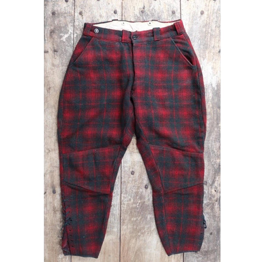 Vintage 1930s 40s wool trousers - red and black checked plaid pants - hunting breeches - jodhpurs with suspender buttons - 31" x 26"