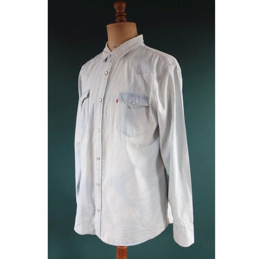 Vintage Levis denim shirt - Levi Strauss - pale blue chambray - cowboy western - 47" chest - red tab - pearl snap