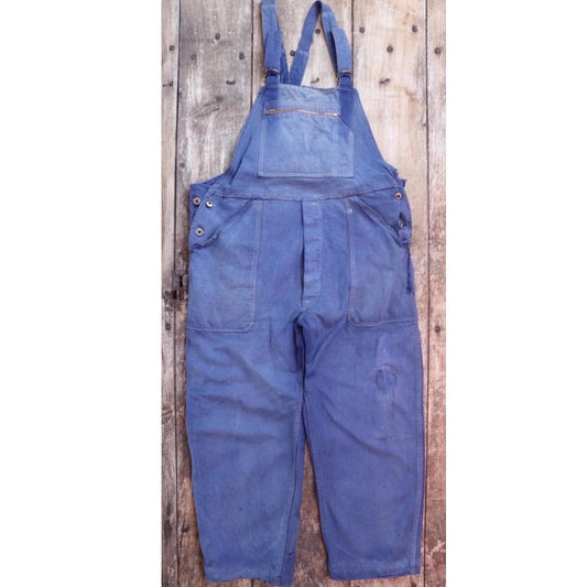 Vintage French workwear overalls - Le Mont St Michel dungarees - 1950s sun faded blue cotton twill - 42” x 26” - darned and repaired