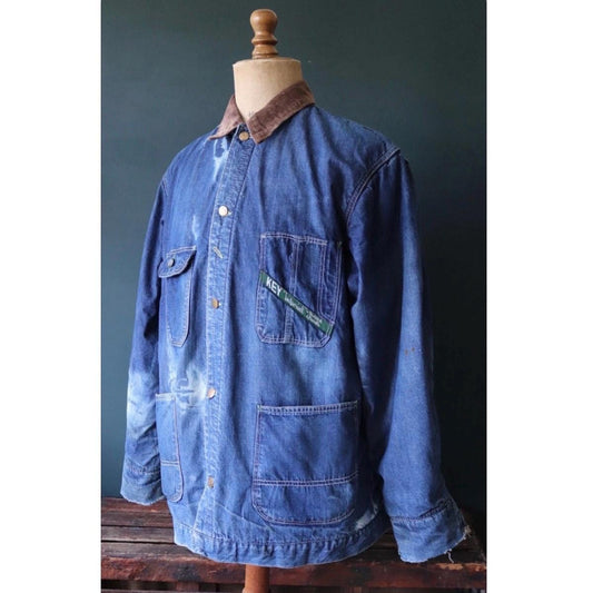 Vintage 1960s 70s denim workwear jacket - Key Imperial - indigo blue - blanket lined barn coat - 48” chest