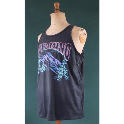 Vintage 1990s t shirt - faded black and neon vest - Wyoming tourist souvenir - 44” chest