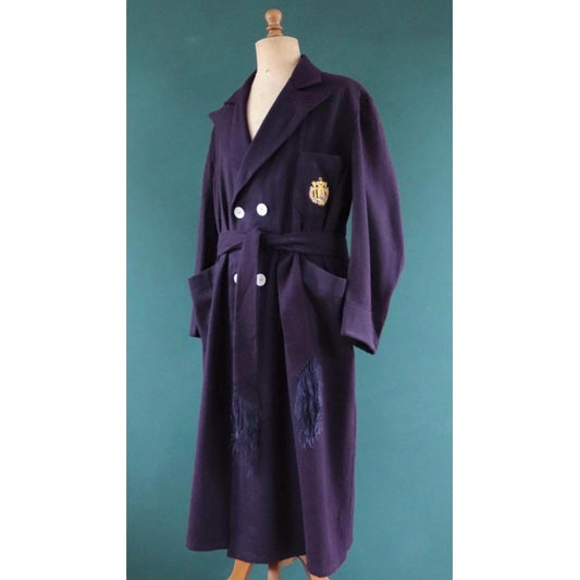 Vintage 1950s 60s USN dressing gown - military robe - US naval academy - navy blue wool - belted smoking jacket - 52” chest