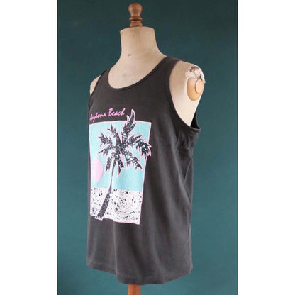 Vintage 1990s t shirt - Fruit of the Loom faded black and neon vest - Daytona Beach print - tourist souvenir singlet - 43” chest
