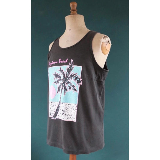 Vintage 1990s t shirt - Fruit of the Loom faded black and neon vest - Daytona Beach print - tourist souvenir singlet - 43” chest