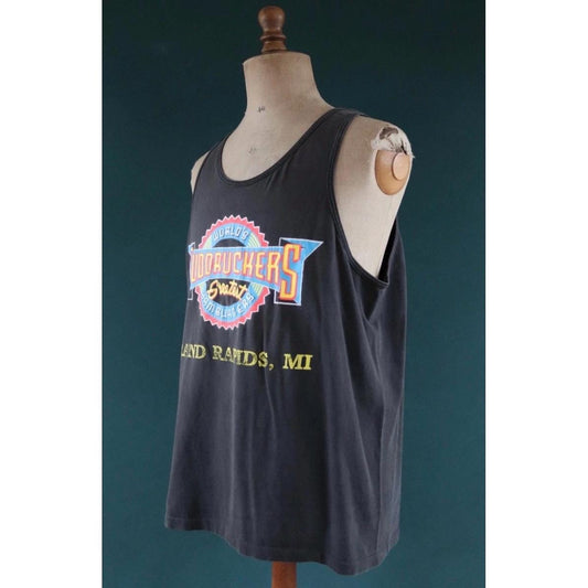 Vintage 1990s t shirt - faded black vest - Fuddruckers hamburgers - neon print - cotton singlet - sportswear - 46” chest